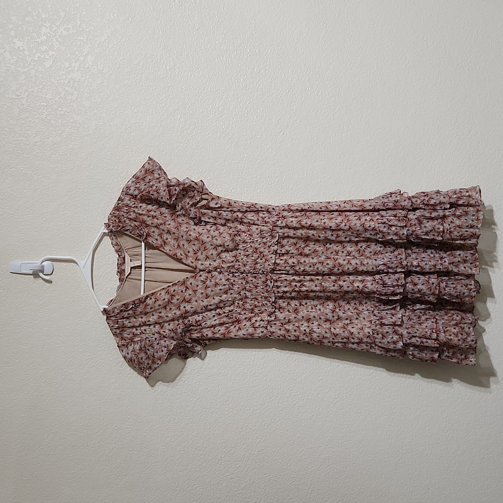 Rebecca Taylor Lucia Floral Romantic Dress Silk Ruffle Pink Gold Metallic Size 2 - Picture 4 of 10
